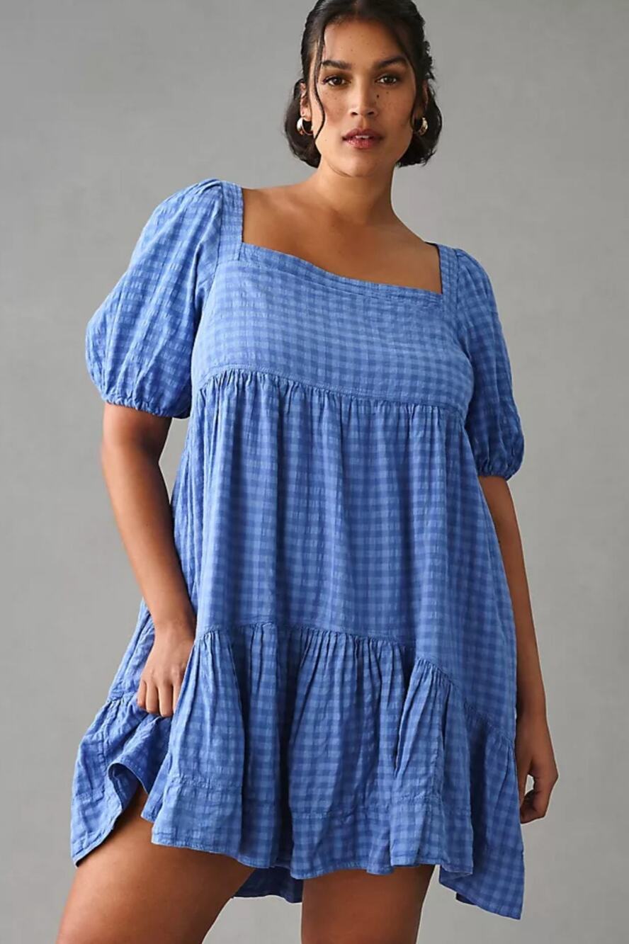 Anthropologie Pilcro Blue Square Neck Cotton Blend Babydoll Dress NWT XL